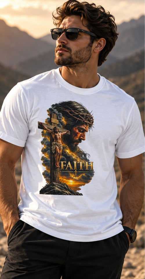 FAITH Cross Tee - white t-shirt worn by model