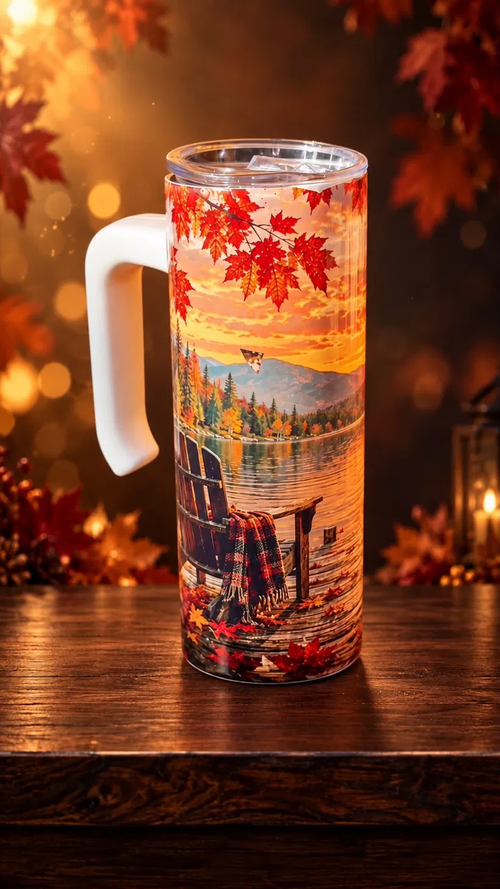 Autumn Lake Dock 20 oz tumbler with handle, lake sunset and red maple leaves