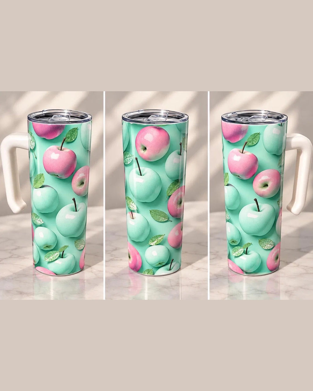 Pink and Mint Apple tumbler, three views of the full-wrap design