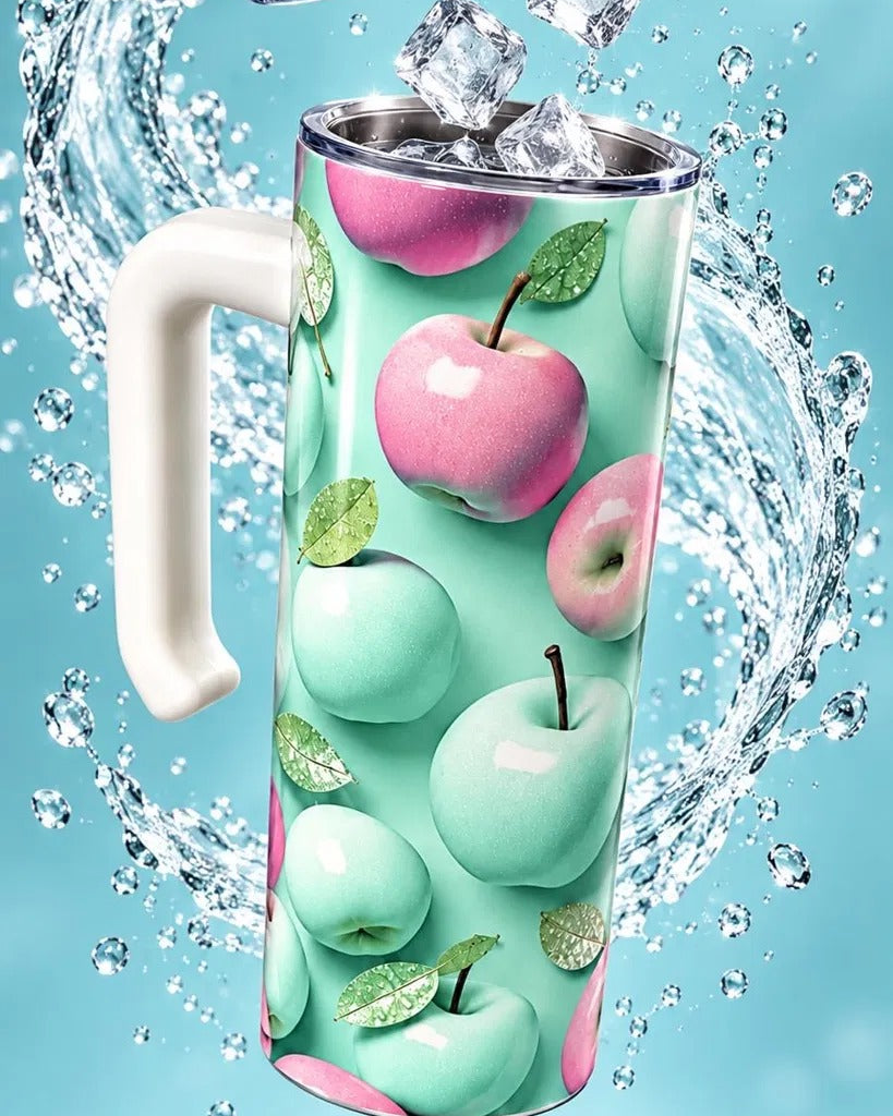 Pink and Mint Apple tumbler with ice and water splash