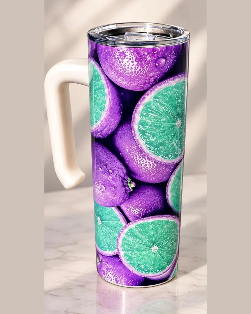 Purple Lime 20 oz tumbler with handle, front view