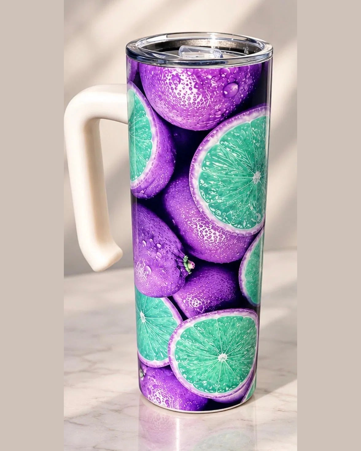 Purple Lime 20 oz tumbler with handle, front view