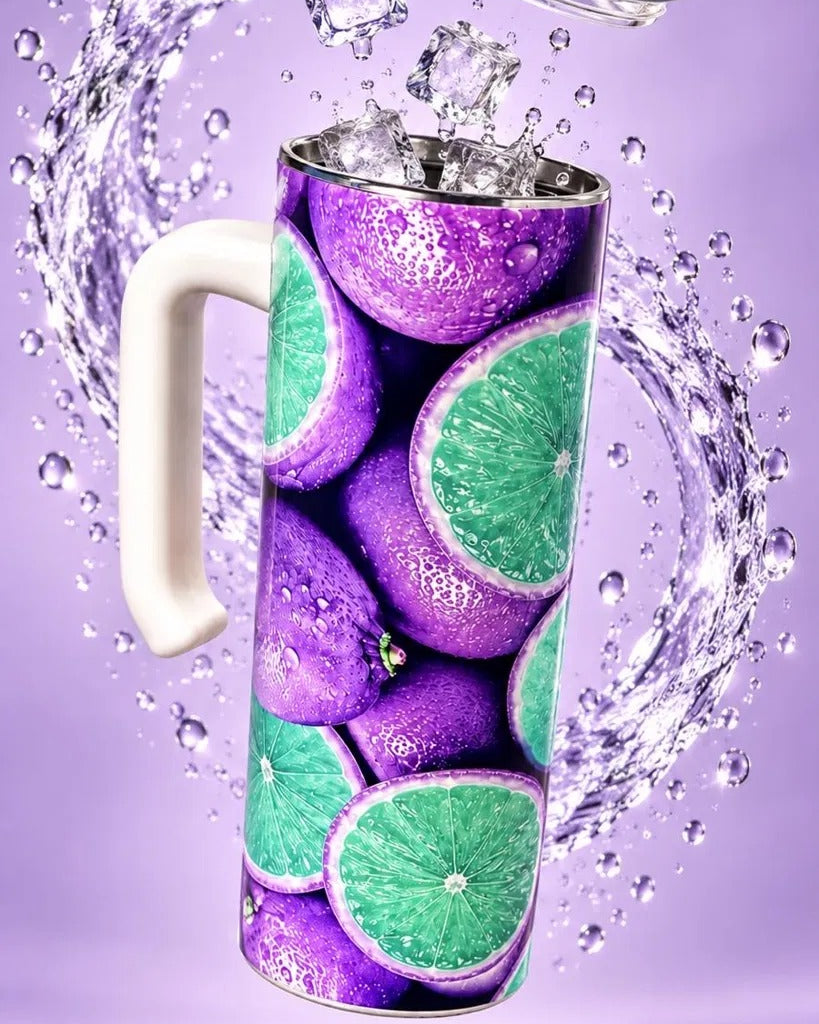 Purple Lime tumbler with ice and purple water splash
