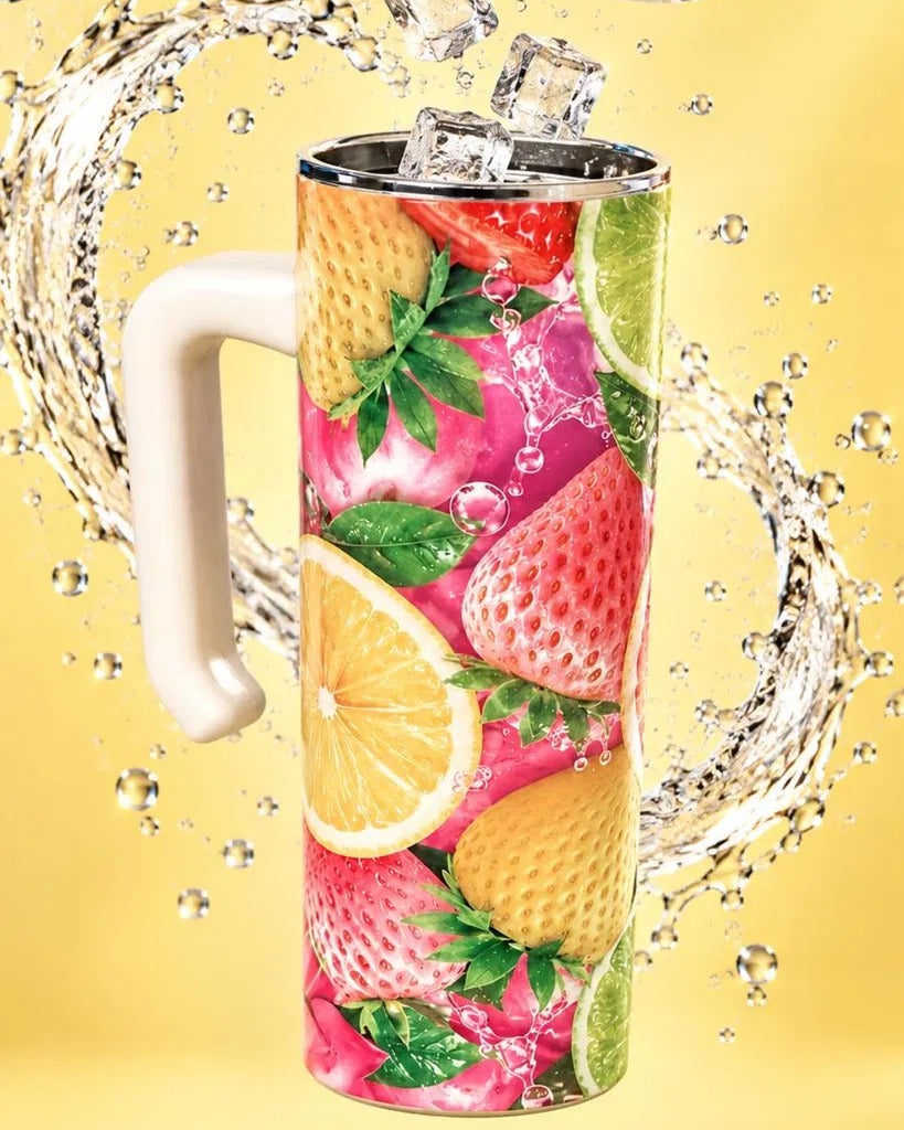 Strawberry Lemonade 20 oz tumbler with handle, yellow splash background