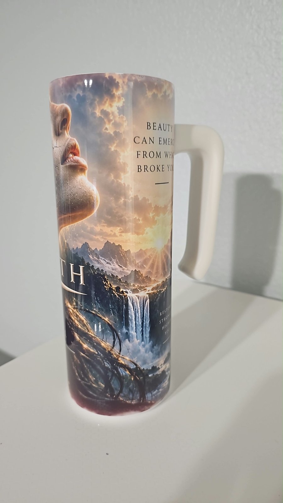 FAITH Heal tumbler - side view with handle and quote