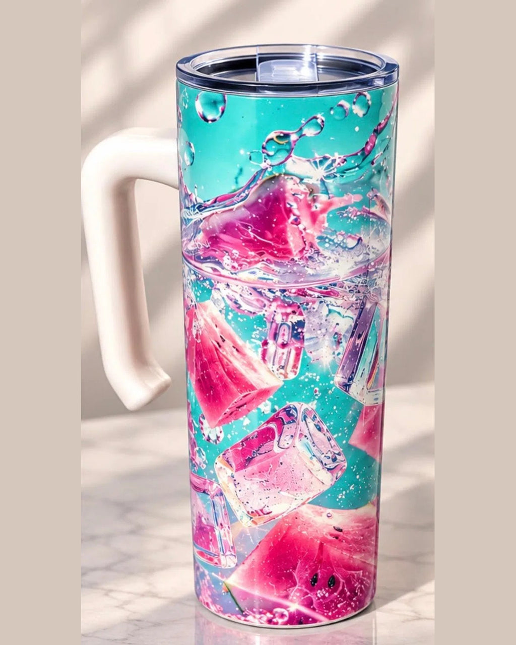 Watermelon Ice 20 oz tumbler with handle, front view