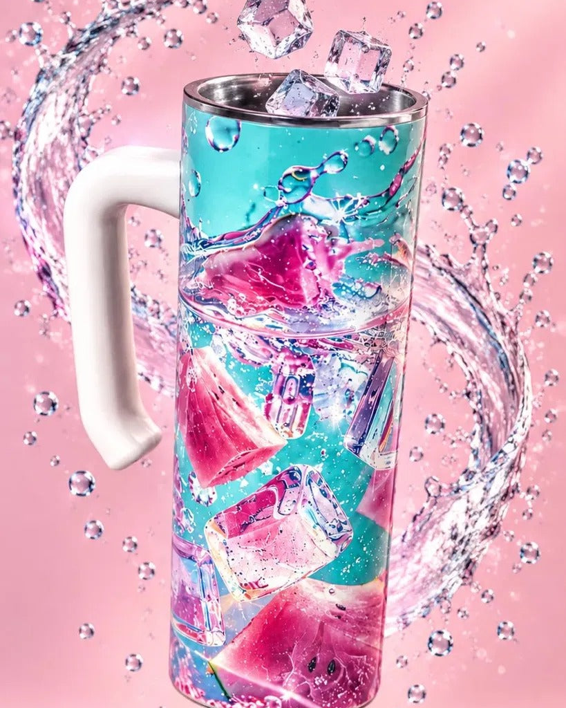 Watermelon Ice tumbler with ice and pink water splash